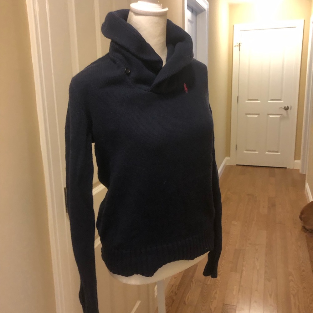 Blue shawl neck sweater